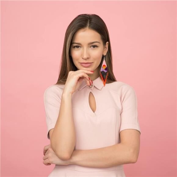 Handmade Boho Multicolor Beaded Tassel Earrings | Long Fringe - Picture 2 of 4